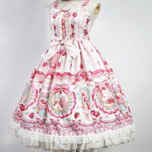 Cottagecore Lolita Strawberry Rabbit Halter Jumperskirt Dress